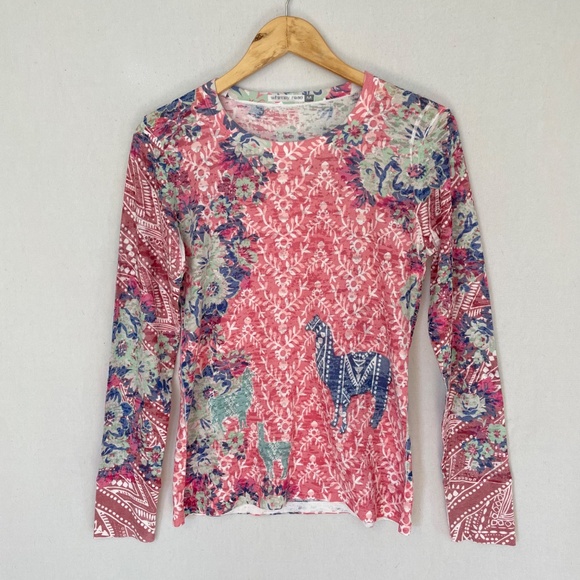 WHIMSY ROSE Size Medium Pink Baby Waffle Thermal Tee Llama Floral Print - Picture 5 of 5